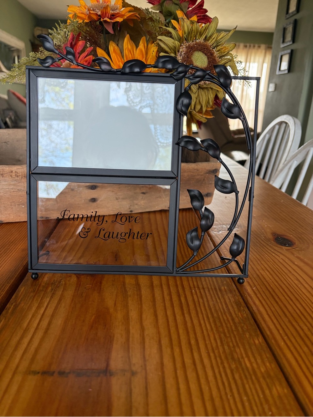 Black Leaf-Accent Glass Photo Frame - Family, Love & Laughter